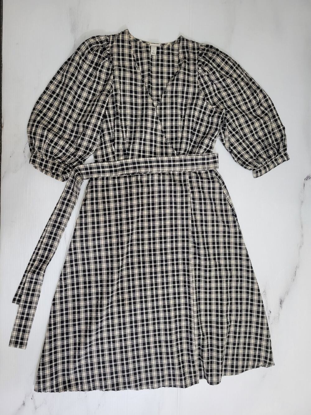 A New Day Gingham Plaid Wrap Dress with Puff Sleeves - Size S